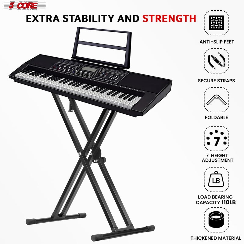 5 Core Piano Keyboard Stand Double X Heavy Duty 7 Adjustable Heights & Width Digital Electric Synthesizer Music Stands For 61 76 88 Keys w Secure Locking Strap KS 2X BLK - Image 5